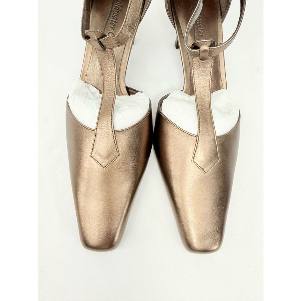 Coldwater Creek Bronze Metallic T Strap Pointed Square Toe Kitten Heel Pumps NEW - Picture 7 of 16